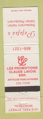 Matchbook Cover - Peppe's Italian Restaurant Montreal QC WEAR