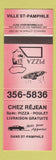 Matchbook Cover - Chez Rejean Pizza Ville St Pamphile QC RED