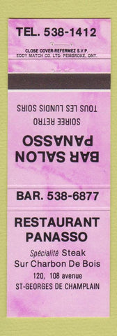 Matchbook Cover - Restaurant Panasso St Georges De Champlain QC PURPLE