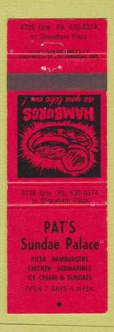 Matchbook Cover - Pat's Sundae Palace Pizza Downsview ON