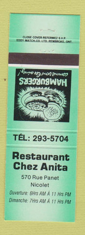 Matchbook Cover - Restaurant Chez Anita Nicolet QC