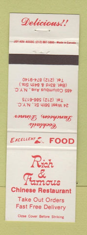 Matchbook Cover - Rich and Famous Chinese Restaurant New York City