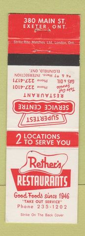Matchbook Cover - Rether's Restaurants Exeter ON