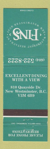 Matchbook Cover - Fins Restaurant New Westminster BC