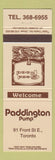Matchbook Cover - Paddington Pump Toronto ON