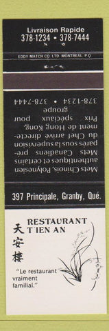 Matchbook Cover - Restaurant T'ien An Granby QC Chinese