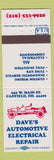 Matchbook Cover - Dave's Auto Electrical Repair Canfield OH