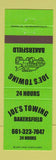 Matchbook Cover - Joe's Towing Bakersfield CA