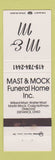 Matchbook Cover - Mast and Mock Funeral Home Defiance OH