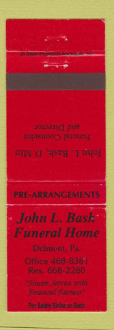 Matchbook Cover - John L Bash Funeral Home Delmont PA