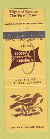 Matchbook Cover - Highland Springs Resort Beaumont CA WEAR
