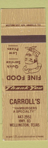 Matchbook Cover - Carroll's Restaurant Wellington TX WEAR
