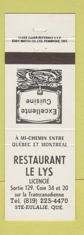 Matchbook Cover - Restaurant Le Lys Ste Eulalie QC