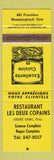 Matchbook Cover - Restaurant Les Deux Copains Hemmingford QC WEAR YELLOW