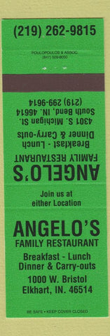 Matchbook Cover - Angelo's Restaurant Elkhart South Bend IN