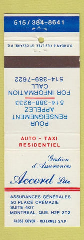 Matchbook Cover - Accord Insurance Montreal QC
