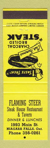 Matchbook Cover - Flaming Steer Restaurant Niagara Falls ON YELLOW