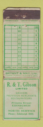 Matchbook Cover - R&T Gibson Grocery Edinburgh North Berwick UK England WORN