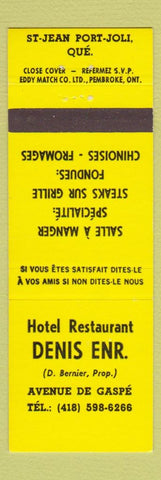 Matchbook Cover - Hotel Restaurant Denis ST Jean Port Joli QC Chinese