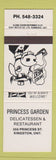 Matchbook Cover - Princess Garden Restaurant Deli Kingston ON