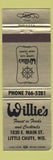 Matchbook Cover - Willie's Restaurant Little Chute WI