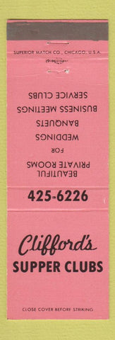 Matchbook Cover - Clifford's Supper Hales Corners Lake Beulah Musekgo WI PINK