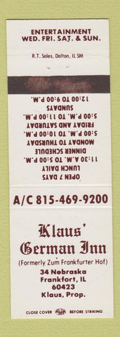 Matchbook Cover - Klaus' German Inn Frankfort IL