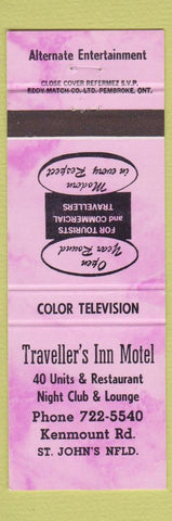 Matchbook Cover - Traveller's Inn Motel St John's NF PURPLE