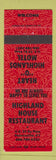 Matchbook Cover - Highland House Restaurant Motel Paintsville KY