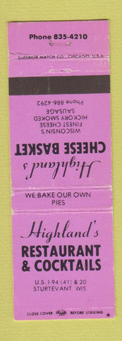 Matchbook Cover - Highland's Restaurant Sturteveant WI WEAR