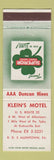 Matchbook Cover - Klein's Motel Allentown PA