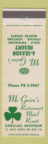 Matchbook Cover - McGuire's Restaurant Motel Cadillac MI