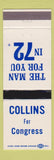 Matchbook Cover - Collins for Congress 1972 BLACKED OUT