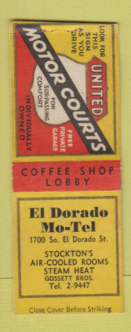 Matchbook Cover - El Dorado Mo Tel Stockton CA BOBTAIL CROWN?
