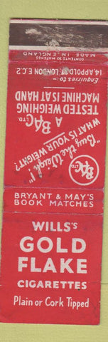 Matchbook Cover - Will's Gold Flake Cigarettes London UK England WORN