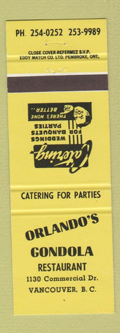 Matchbook Cover - Orlando's Gondola Restaurant Vancouver BC
