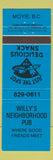 Matchbook Cover - Willy's Neighborhood Pub Moyie BC