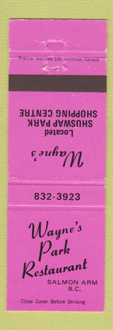 Matchbook Cover - Wayne's Park Restaurant Salmon Arm BC