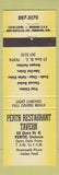 Matchbook Cover - Perth Tavern Restaurant ON YELLOW