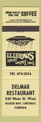 Matchbook Cover - Delmar Restaurant North Bay ON