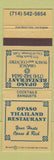 Matchbook Cover - Opaso Thailand Restaurant Orange CA
