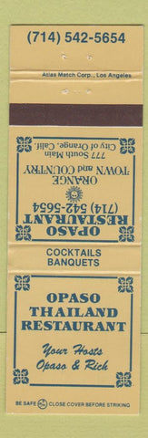 Matchbook Cover - Opaso Thailand Restaurant Orange CA