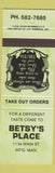 Matchbook Cover - Betsy's Place Winnipeg MB