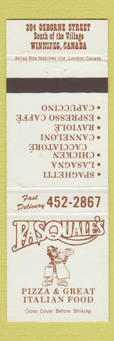 Matchbook Cover - Pasquale's Pizza Italian Winnipeg MB