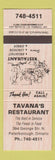 Matchbook Cover - Tavana's Restaurant Peterborough ON