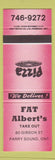 Matchbook Cover - Fat Albert's Restaurant Pizza Parry Sound ON RED