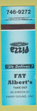 Matchbook Cover - Fat Albert's Restaurant Pizza Parry Sound ON BLUE