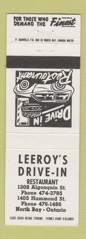 Matchbook Cover - Leeroy's Drive In Restaurant North Bay ON WHITE