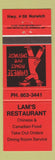 Matchbook Cover - Lam's Restaurant Chinese Norwich ON