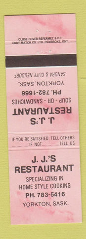 Matchbook Cover - JJ's Restaurant Yorkton SK